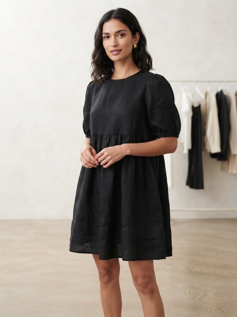 Dissh 100% Linen Puff-Sleeve Babydoll Dress Sz 10